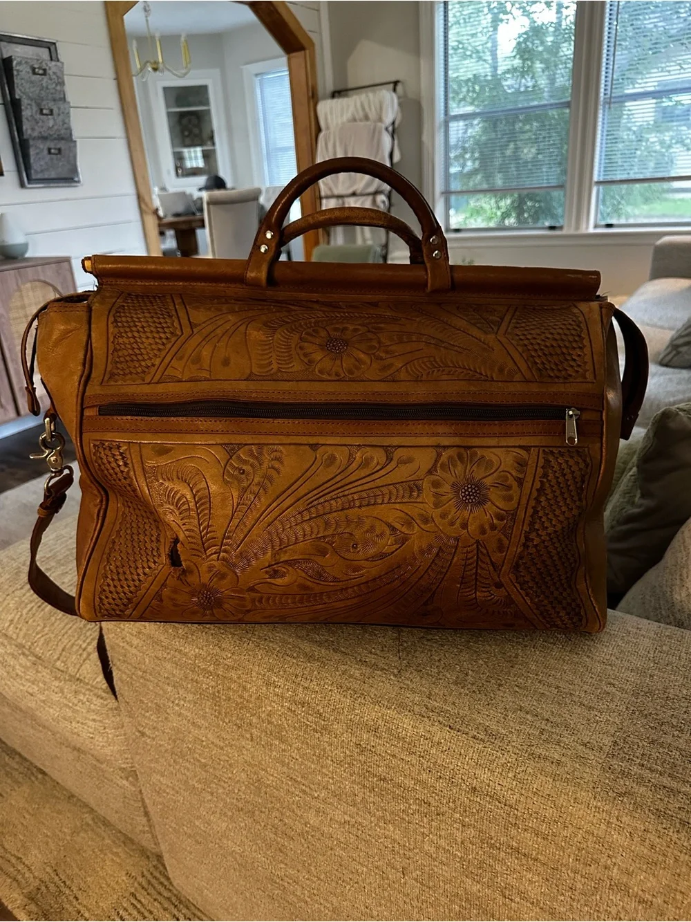 Leather Tooled Satchel Messenger Bag - Brown